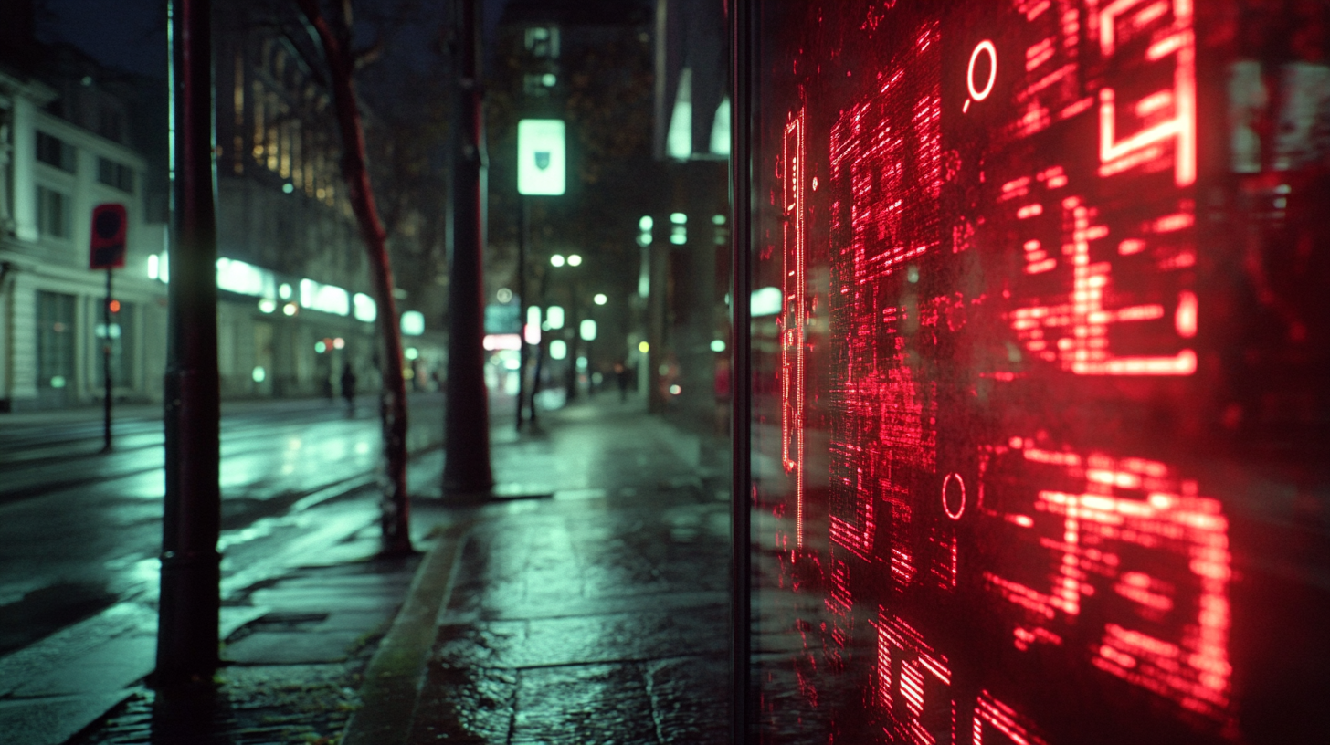 Red digital interface, empty sidewalk, large building, cinematic.