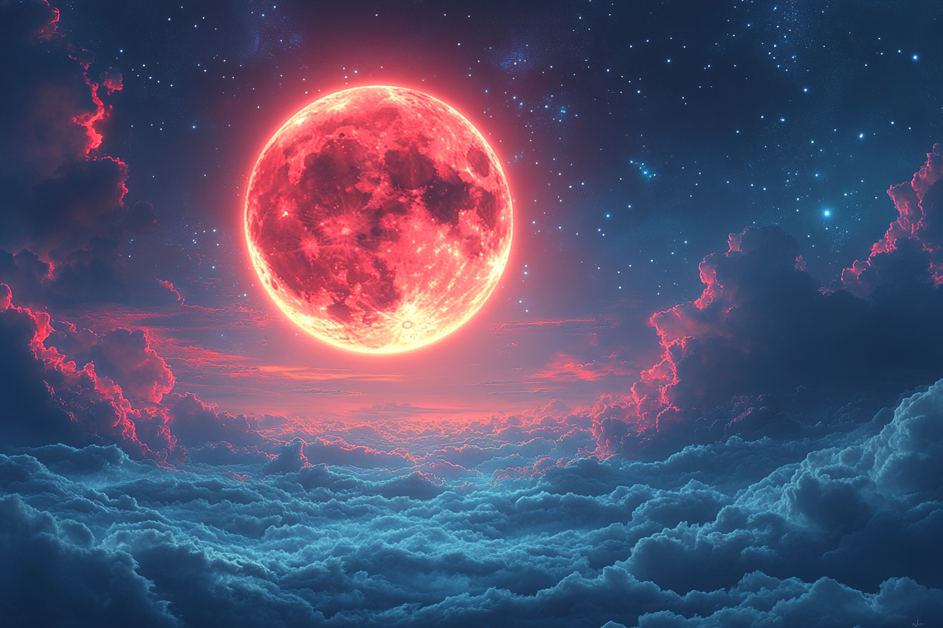 Red full moon glowing in starry sky anime style.