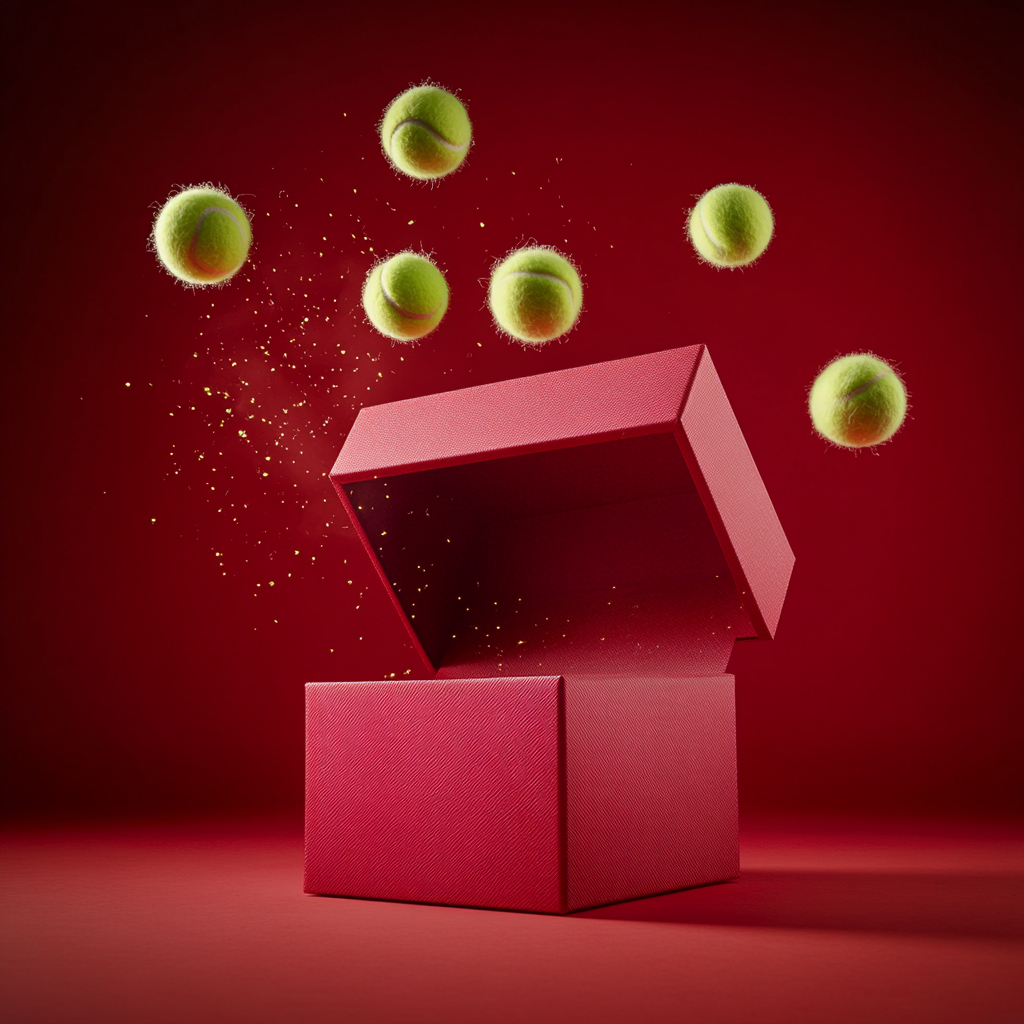 Red gift box with fuzzy tennis balls