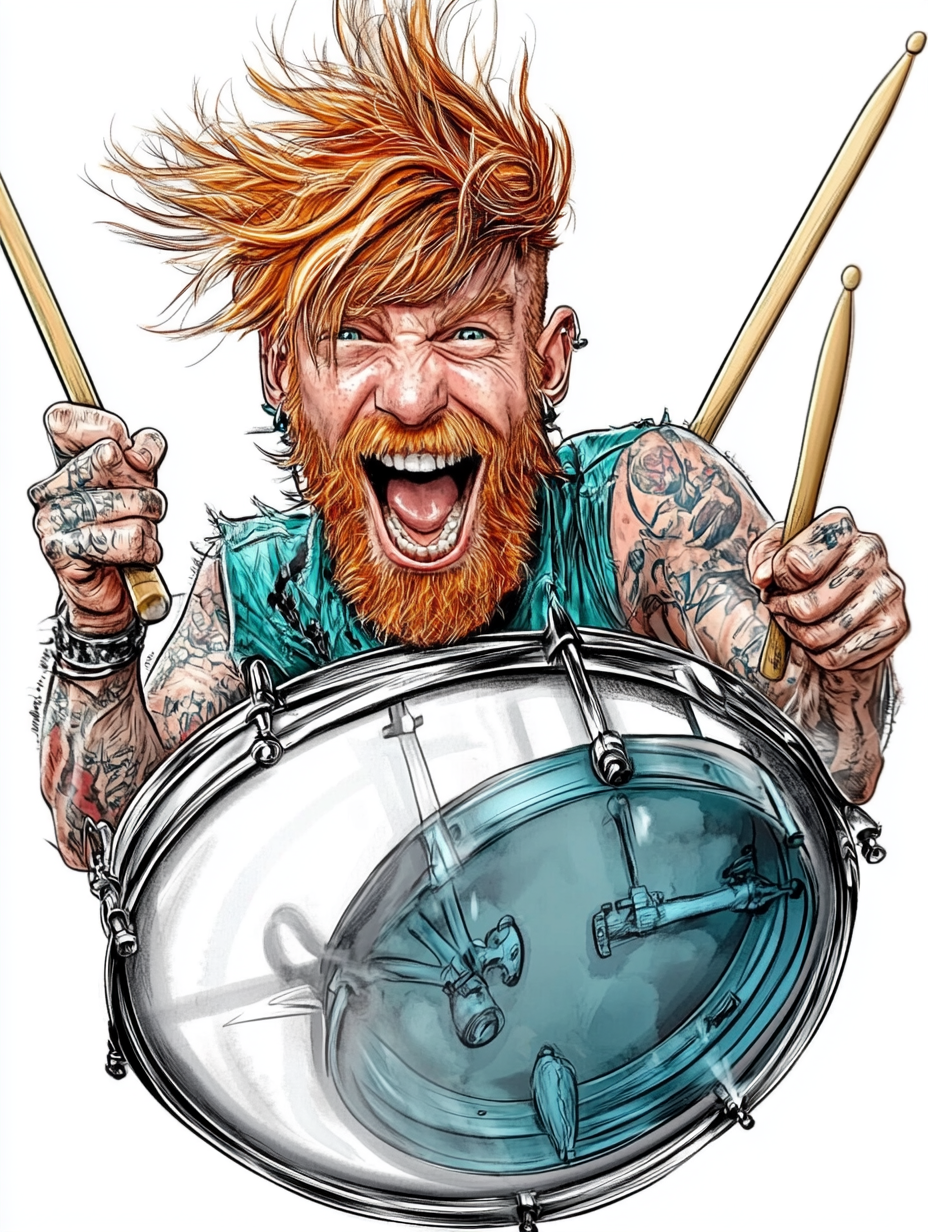 Red-haired drummer playing heavy metal with drum sticks.