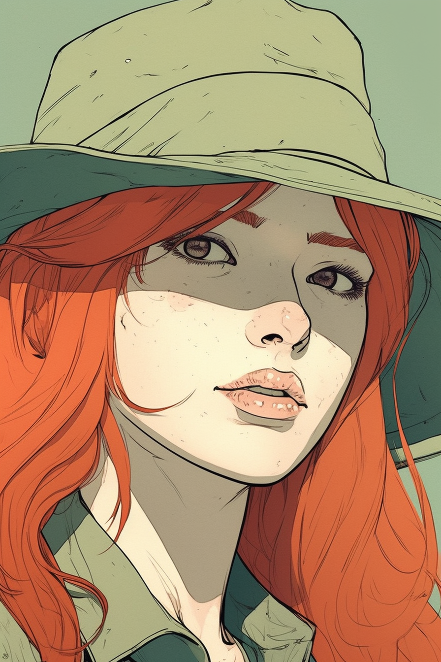 Red-haired girl in wide-brimmed hat comics portrait