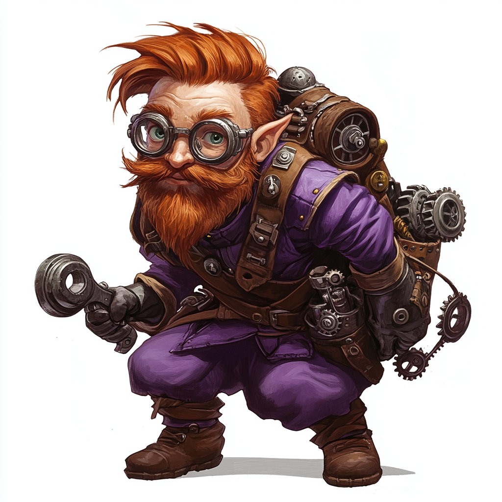 Red-haired gnome wizard in purple tunic holding wrench.