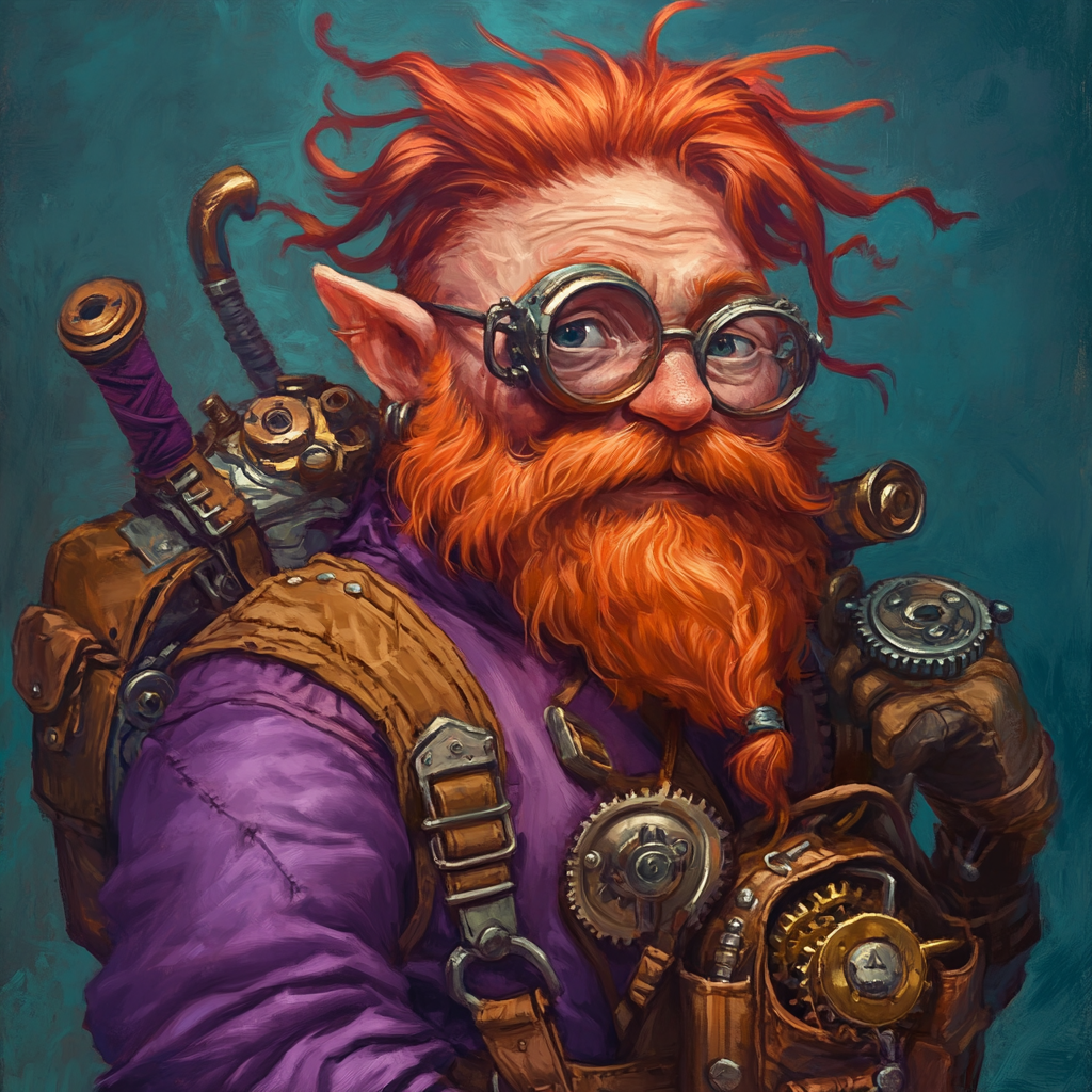 Red-haired gnome wizard with wrench and gear bag.