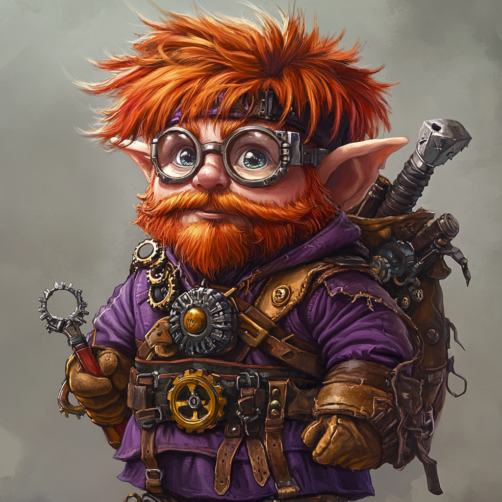 Red-haired gnome wizard with wrench and gear-filled bag.