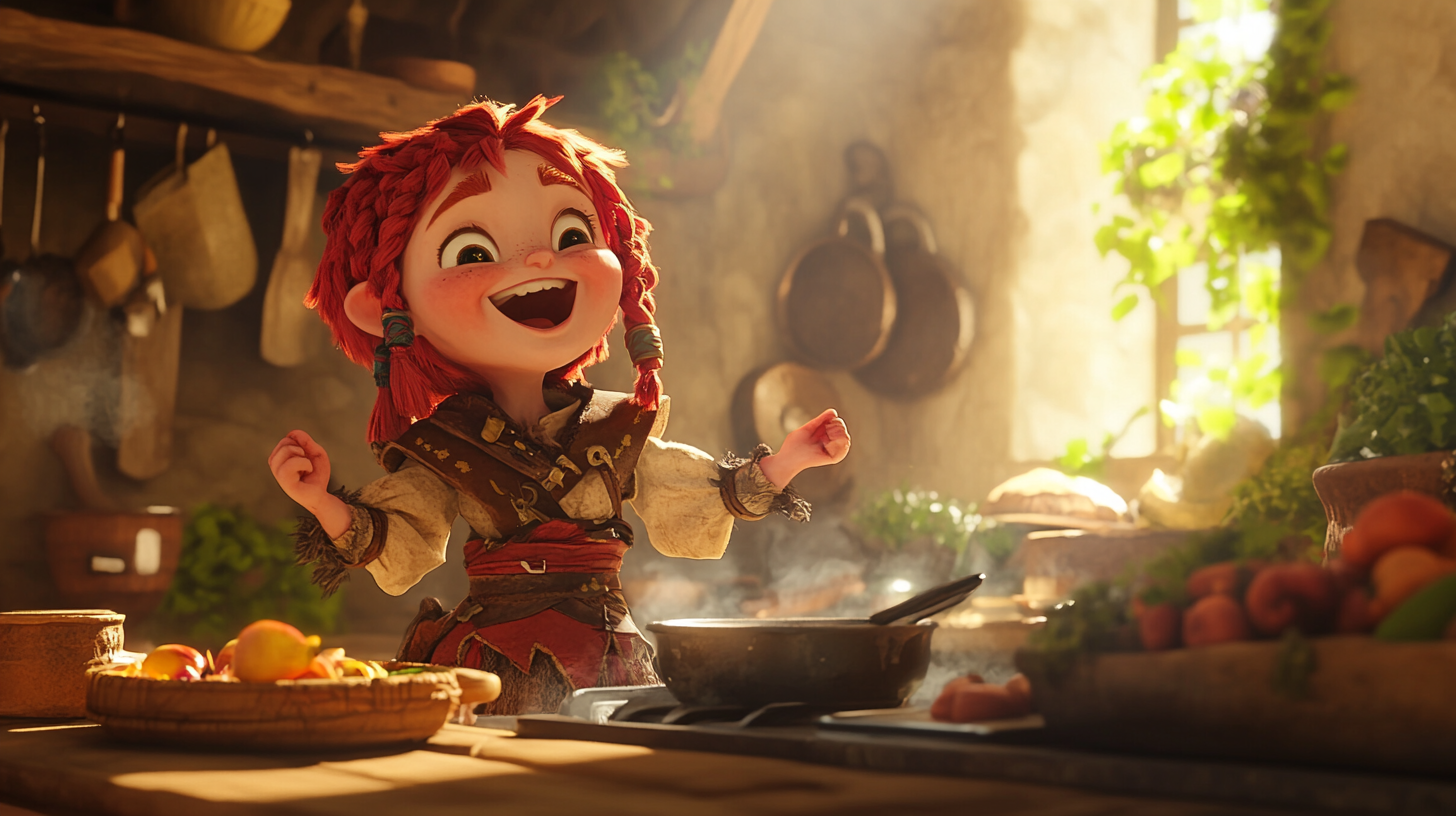 Red haired halfling barbarian cooking in medieval kitchen.