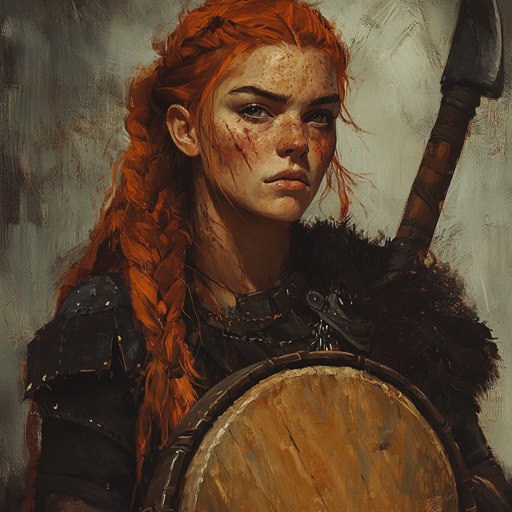 Red-haired viking bard with burn scars playing drum.