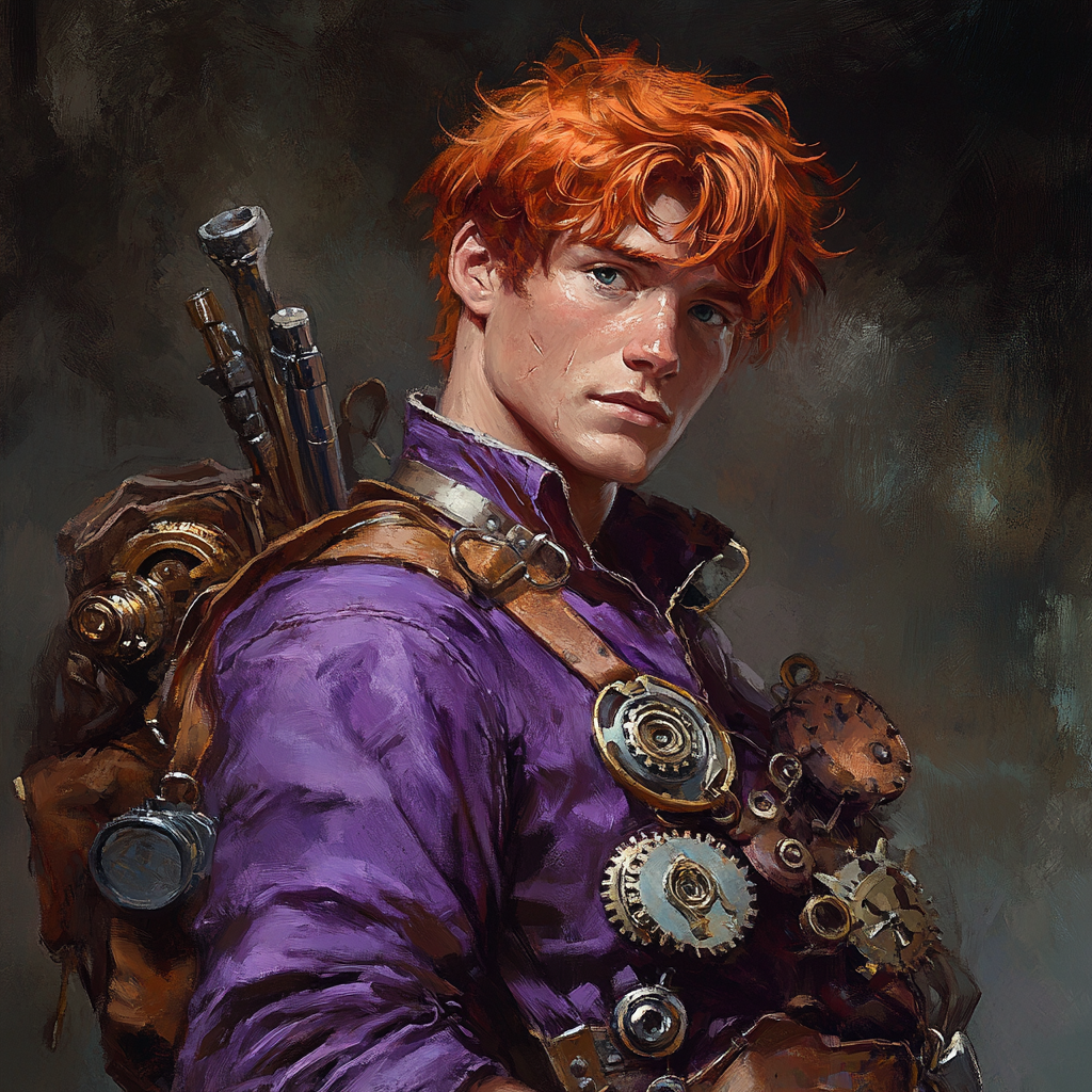 Red-haired wizard with purple tunic and tools, realistic style.