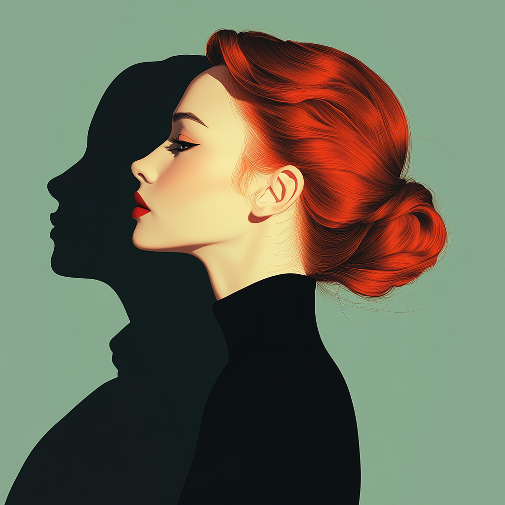 Red haired woman facing own shadow in minimalist style.