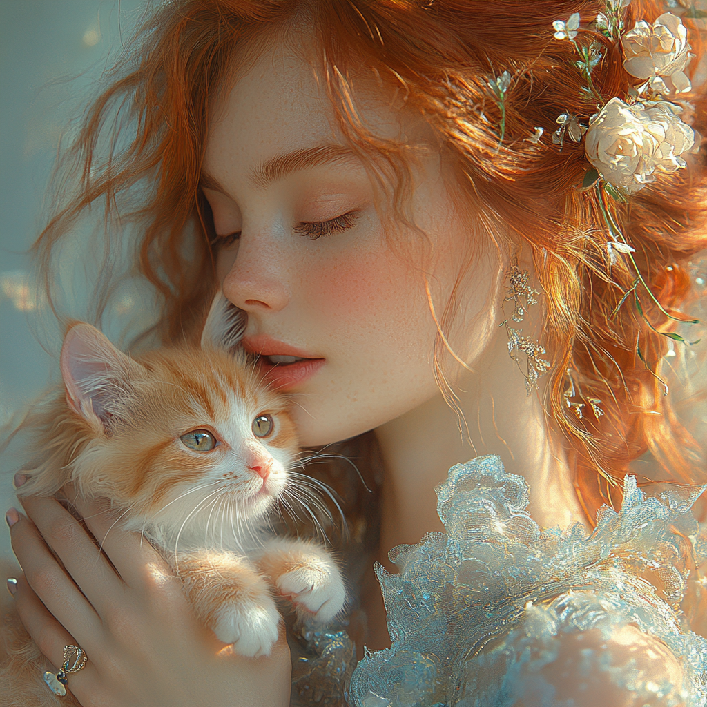 Red-haired woman holding kitten in blue dress.