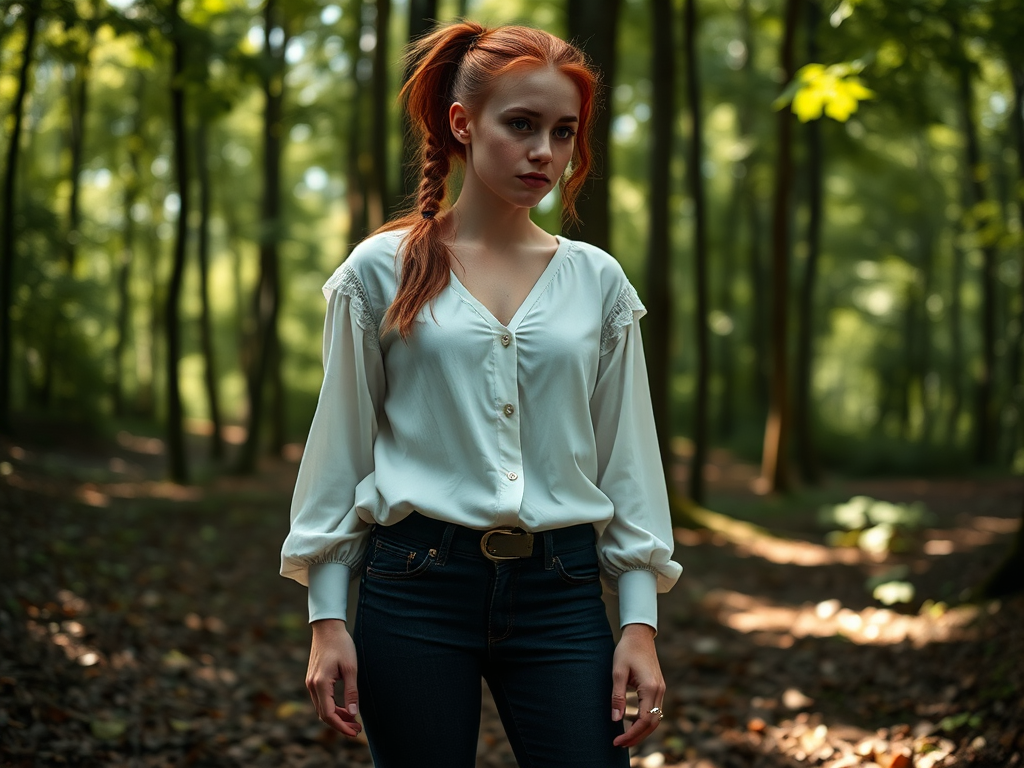 Red-haired woman in forest, wearing white blouse and jeans.