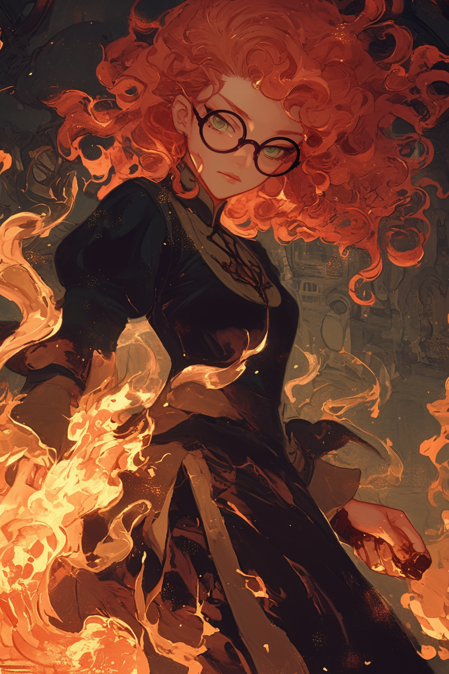 Red haired woman with curly hair in glasses.