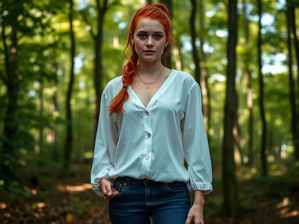 Red-haired woman with freckles in forest, wearing white blouse.