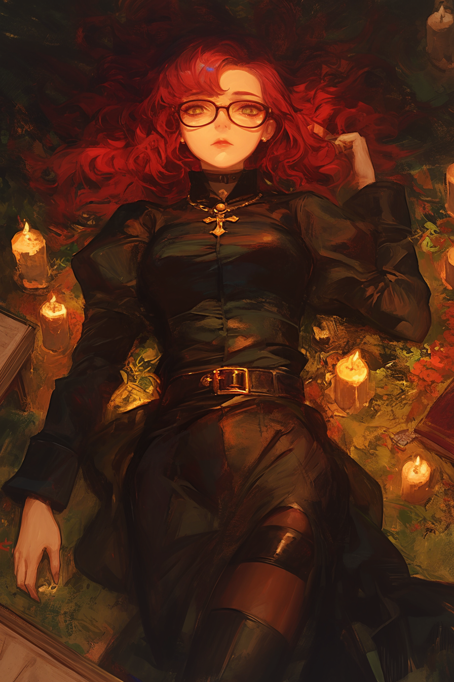 Red head woman with glasses in dark academia style.