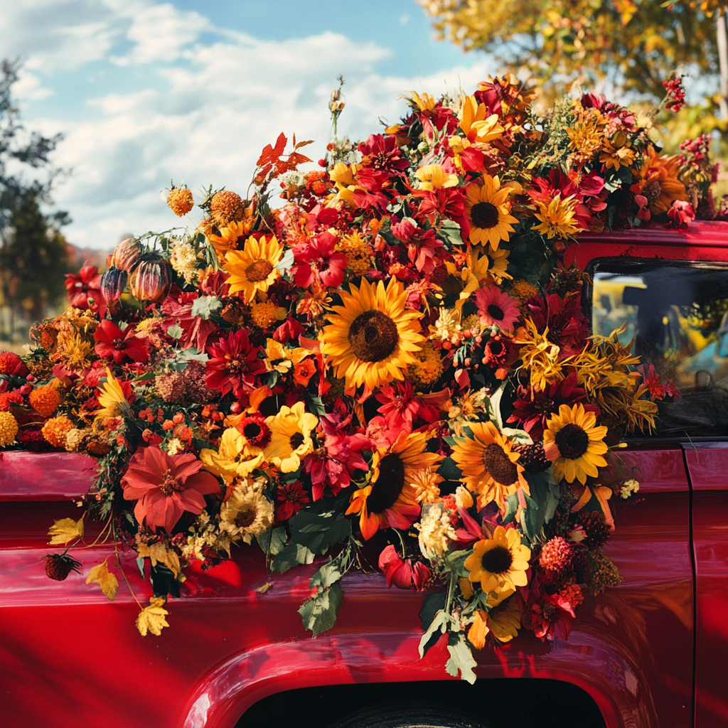 Red holiday truck with fall flowers, including sunflowers, tailgate.