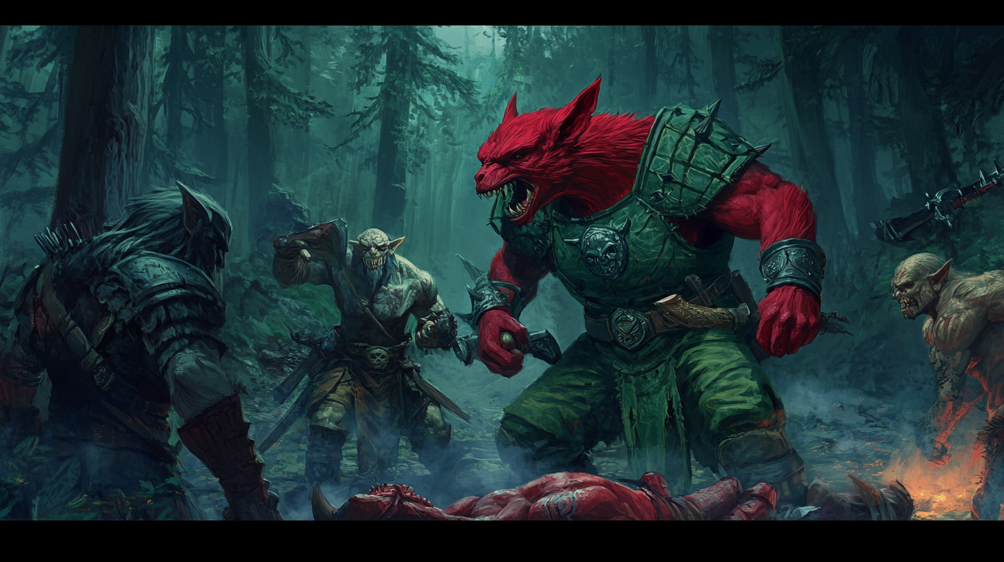 Red kobold rogue in green leather leading DND party.