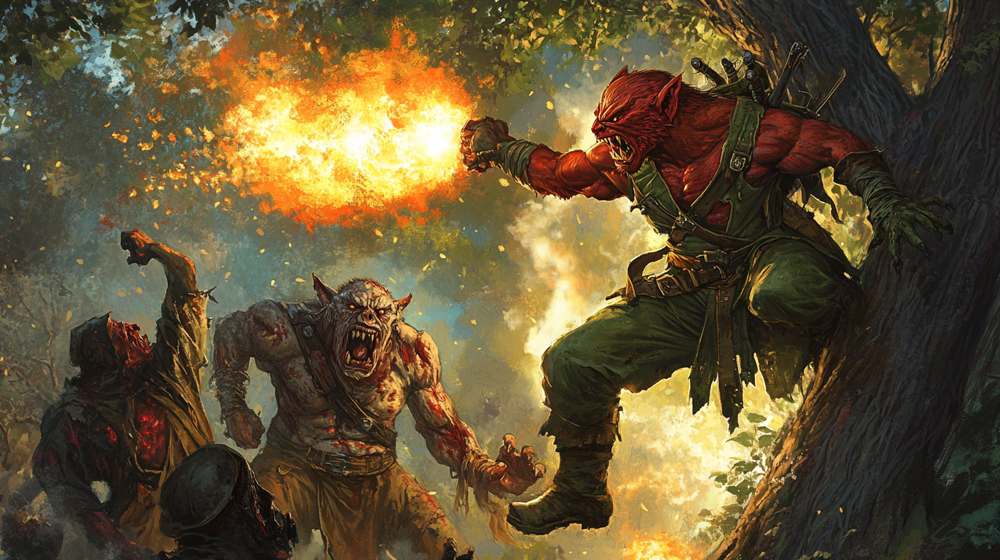 Red kobold rogue throws fireball at giant zombie bodybuilder.