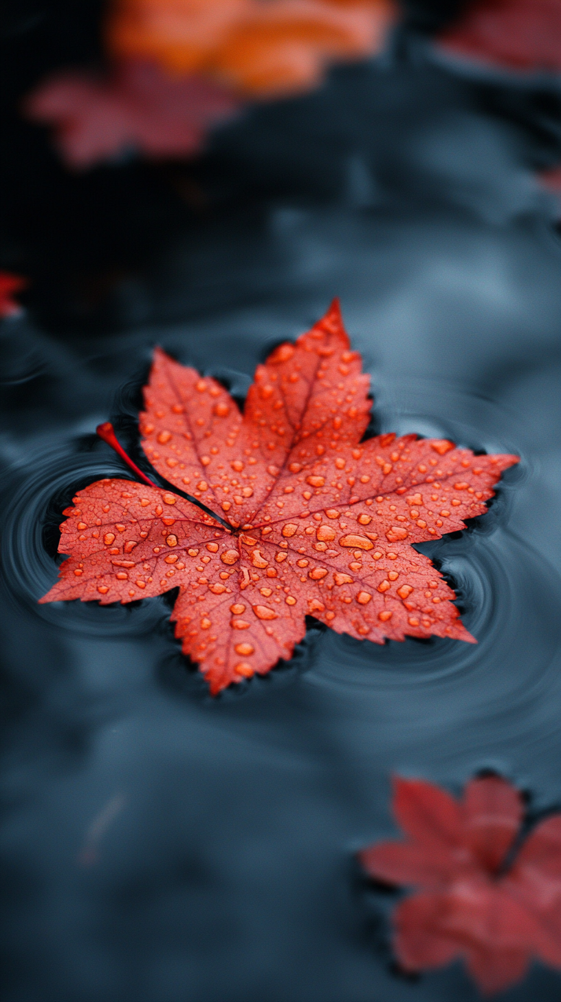 Red maple leaves float on water, macro photography.