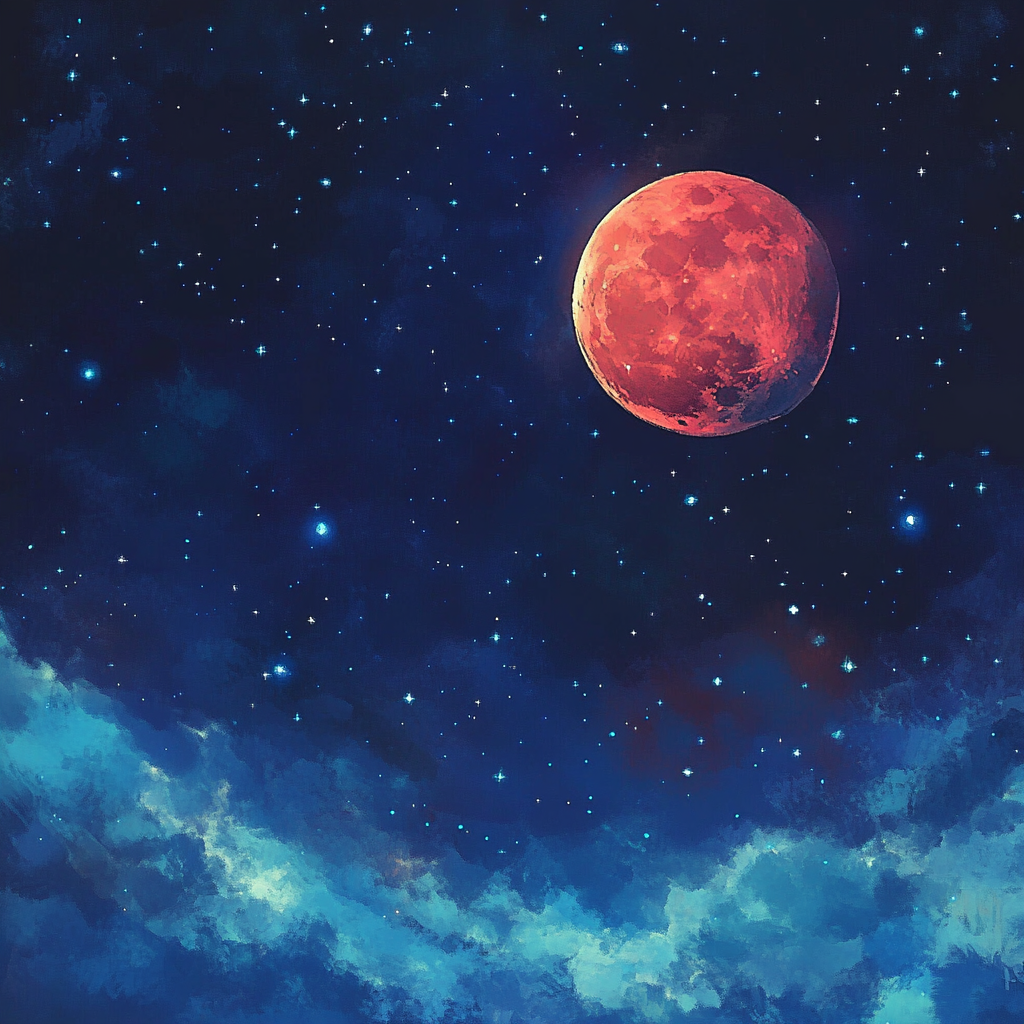 Red moon, blue stars in warm, lyrical night sky.