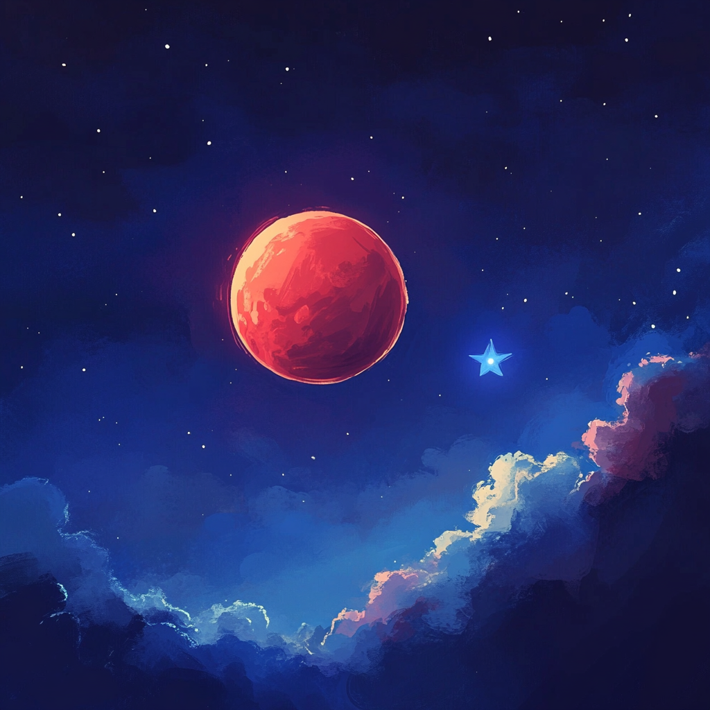 Red moon and blue star in warm night sky.