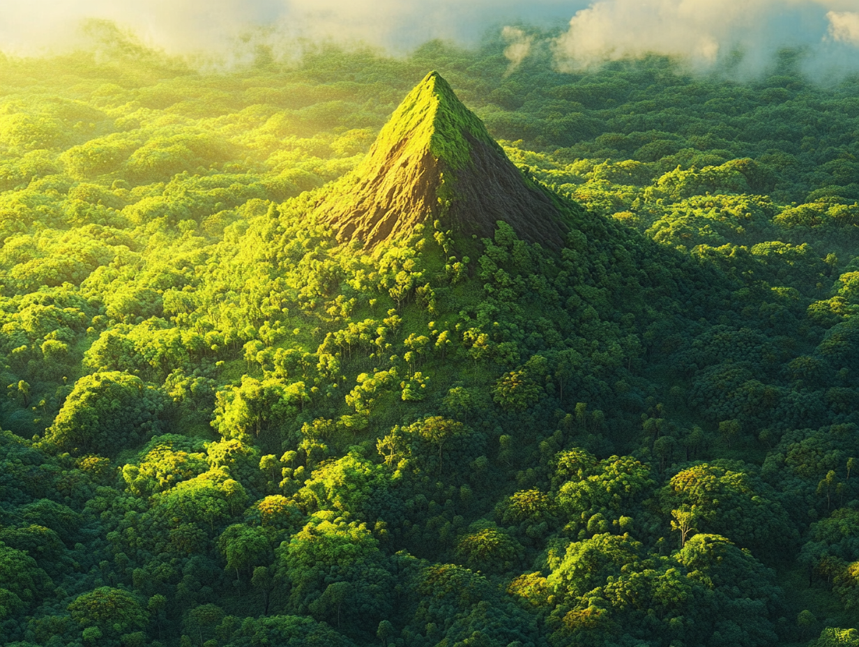 Red mountain in mystical immense lush forest.