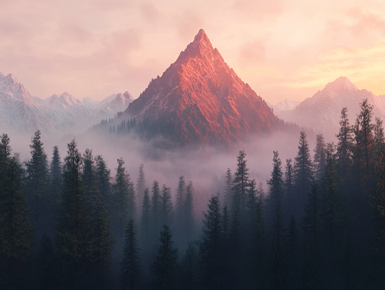 Red mountain peak in magical temperate forest.