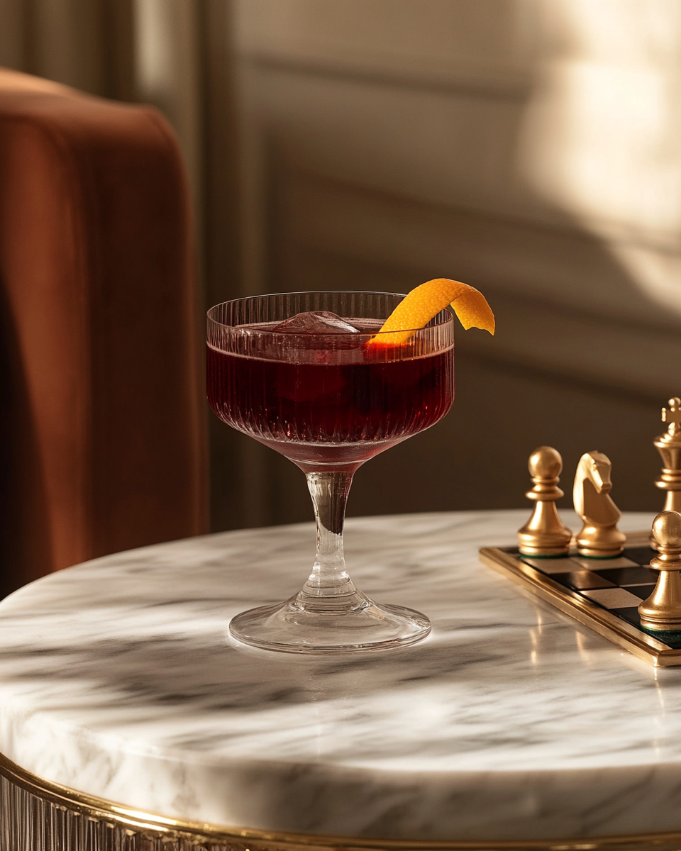 Red negroni cocktail, orange twist, marble table, gold chess.