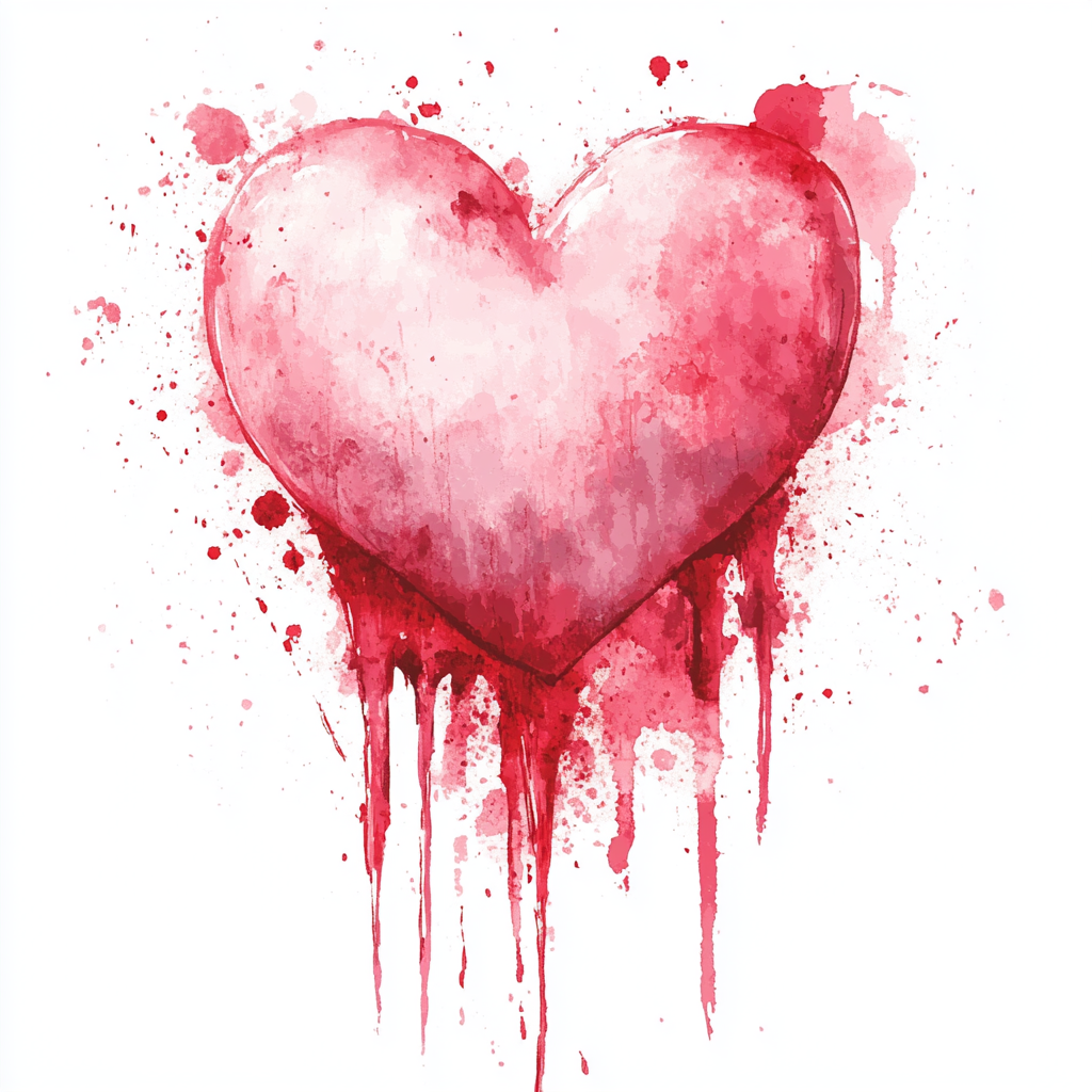 Red paint oozing from pink watercolor heart illustration.