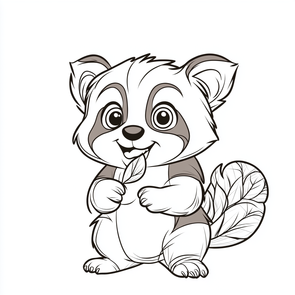 Red panda eating leaf on colorful cartoon page.