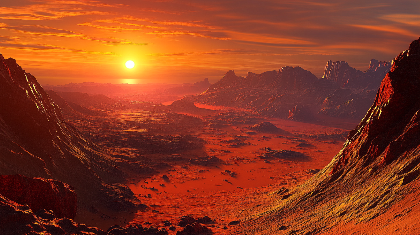 Red rocky Martian terrain with setting Sun, 16:9 perspective.