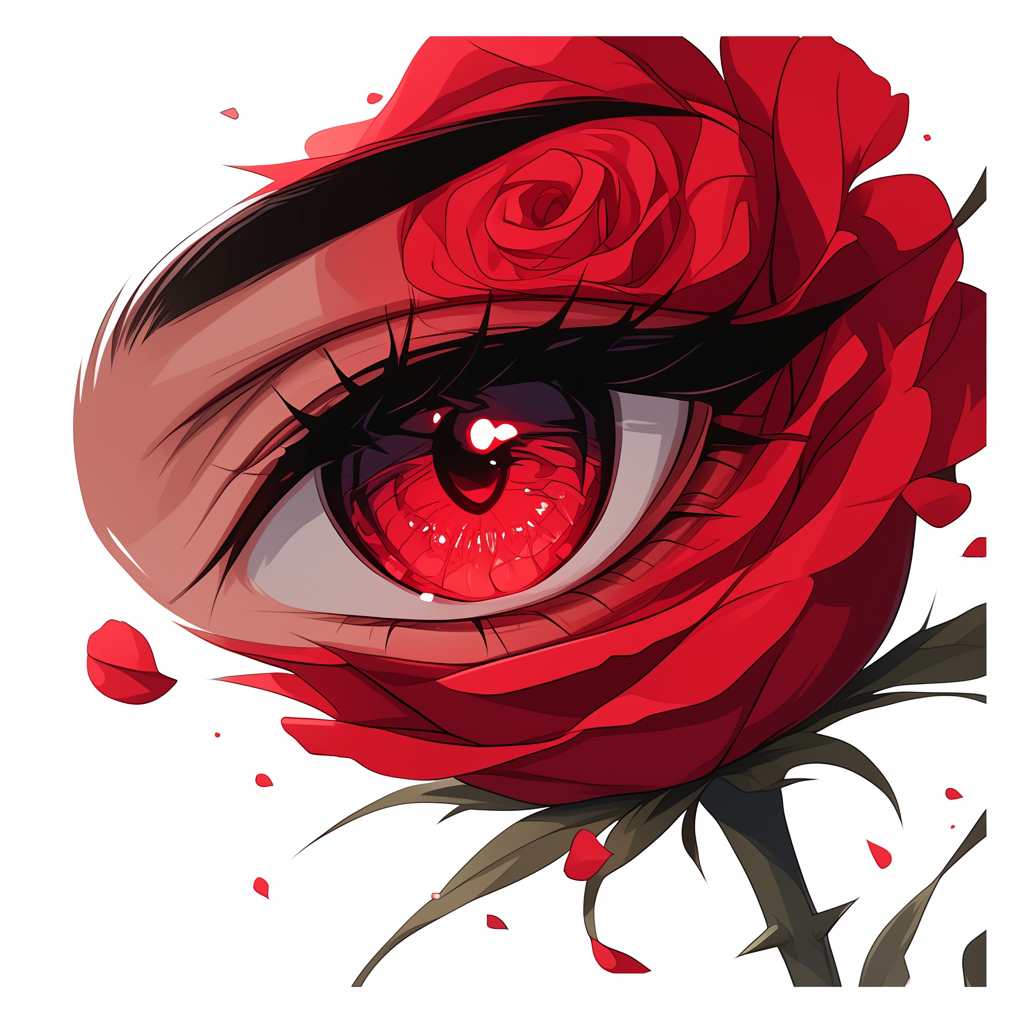 Red rose with anime eye in center, white background.