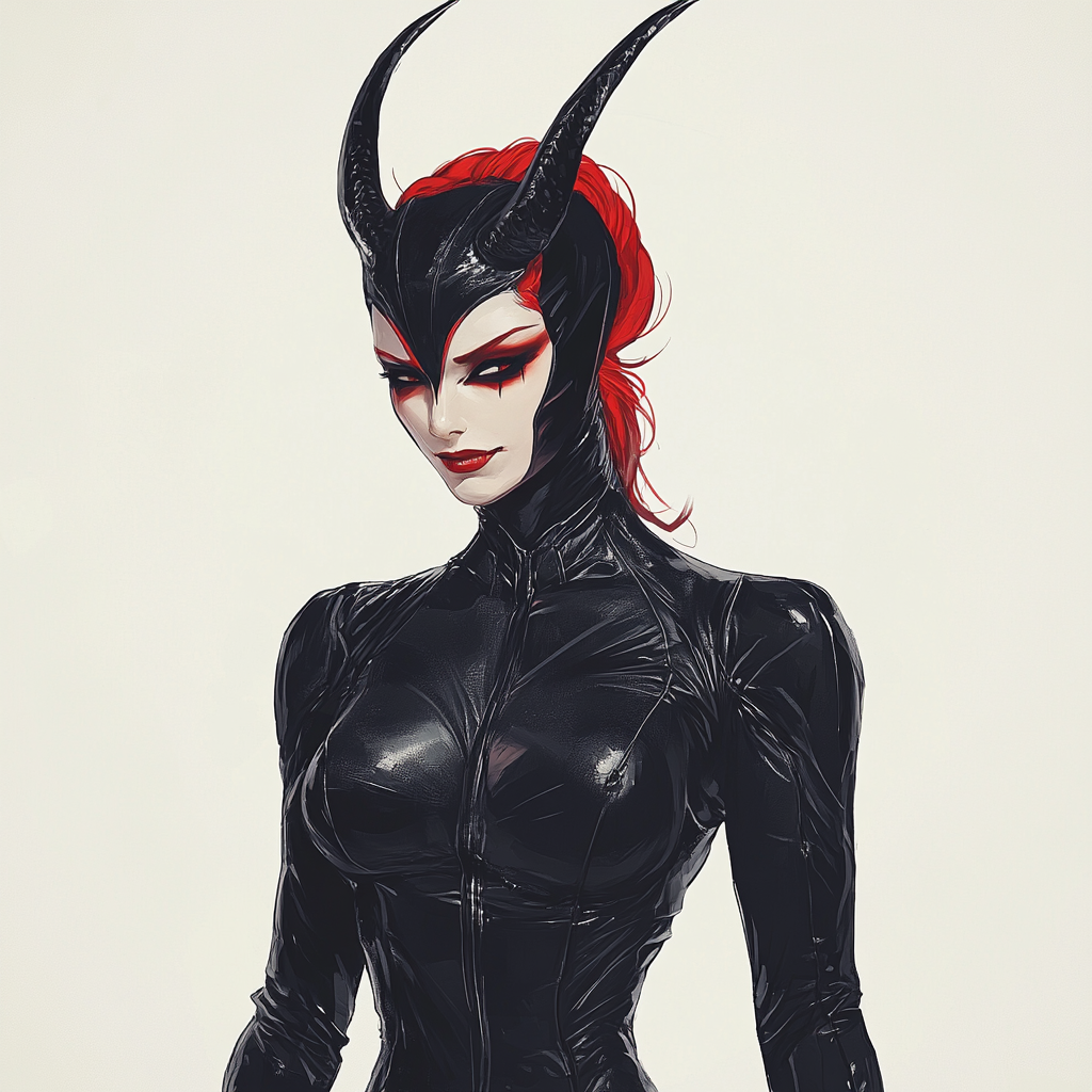 Red skin female super villain in black leather