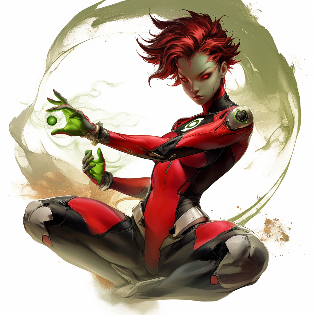 Red-skinned alien girl Green Lantern in digital style painting.