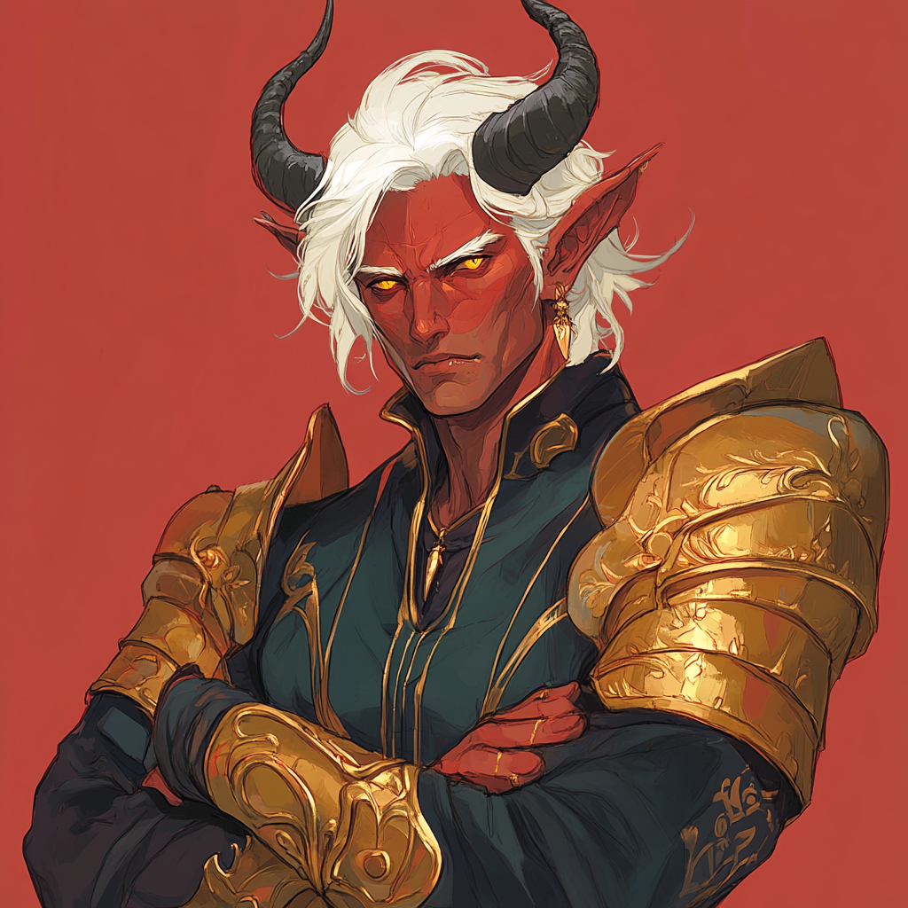 Red-skinned warlock, white hair, gold plates, confident, pompous.