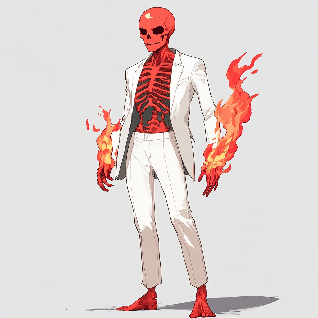 Red skull head anime character with flame body standing boldly.