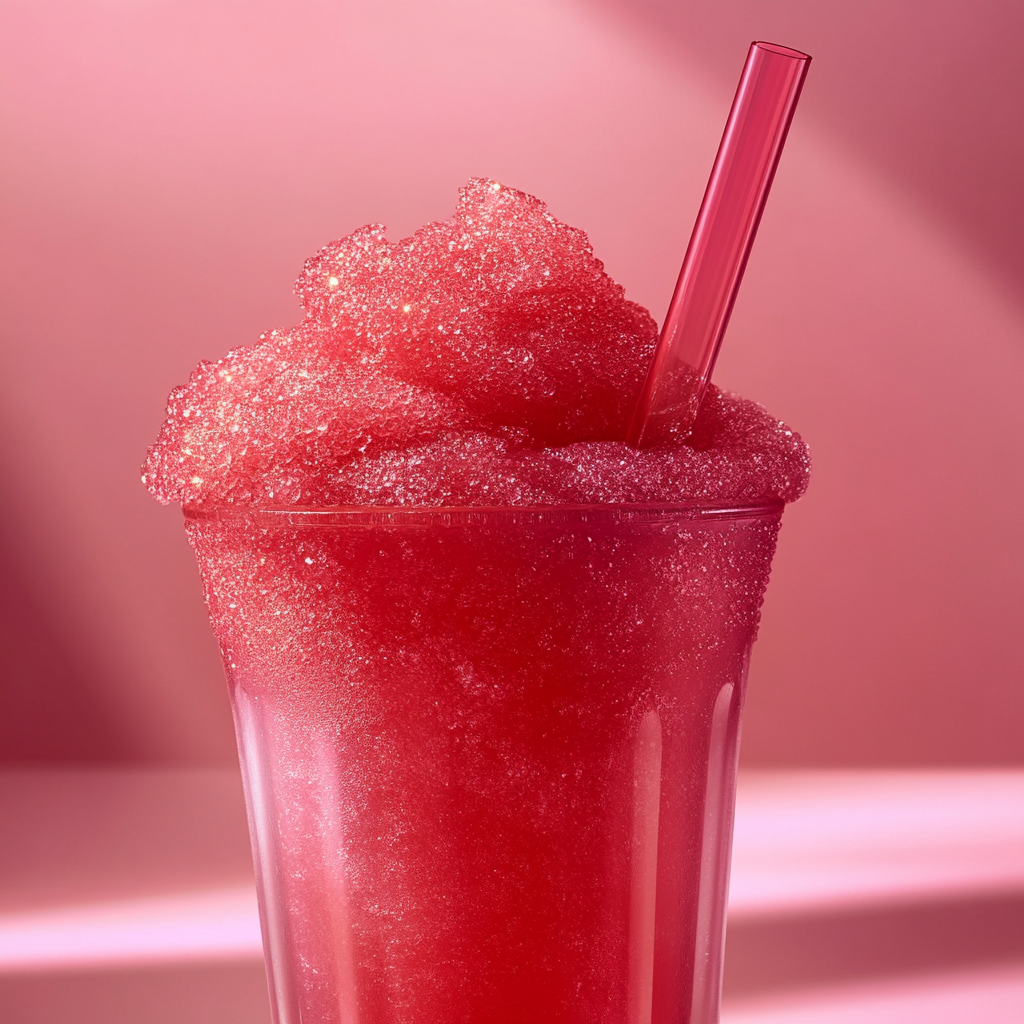 Red slushy with makeup packaging and wavy straw.