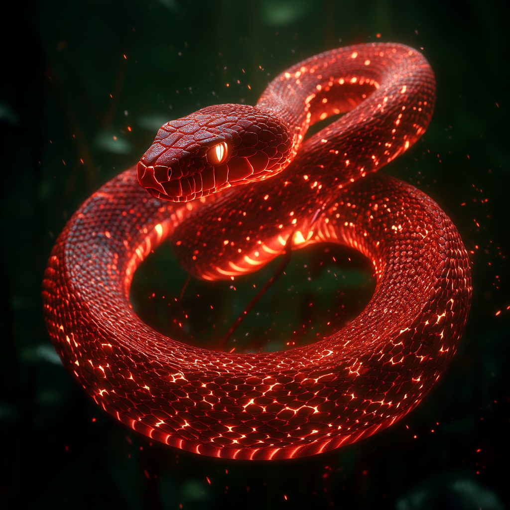 Red snake poised to strike in mysterious setting.