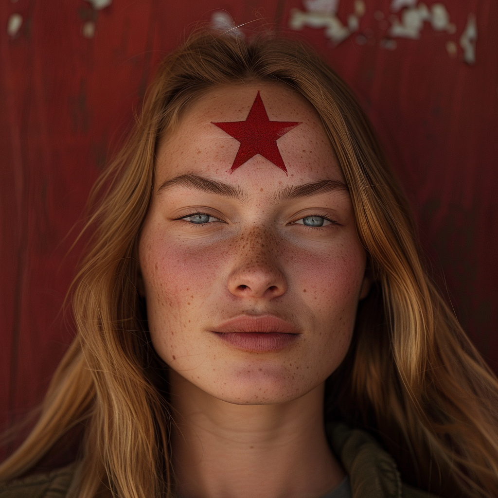 Red star on Mongolian woman's pale forehead, long blonde hair.