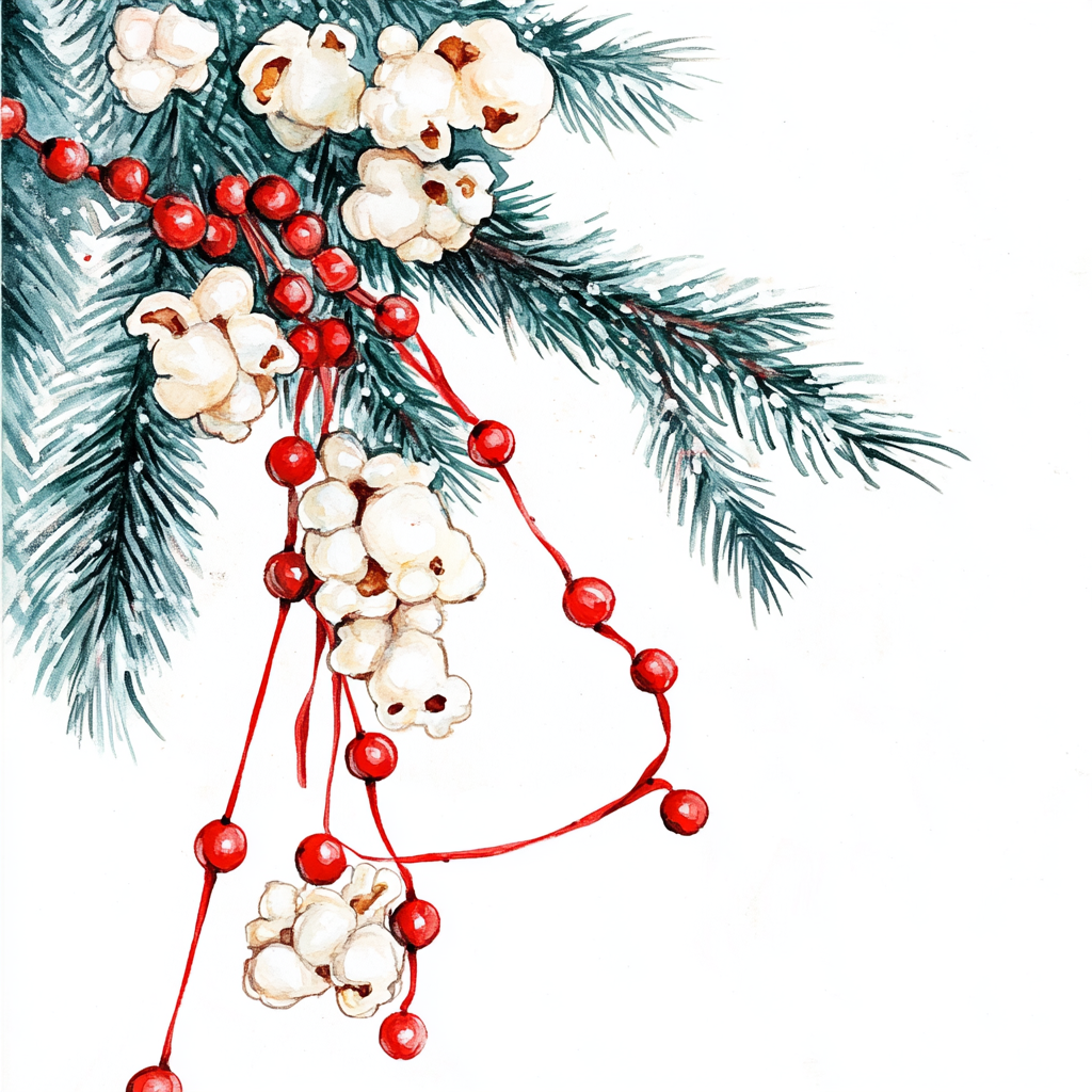 Red string holds popcorn garland on festive Christmas tree.