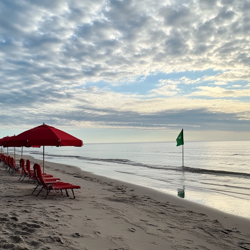 Red umbrellas and chairs on Long Island Beach.