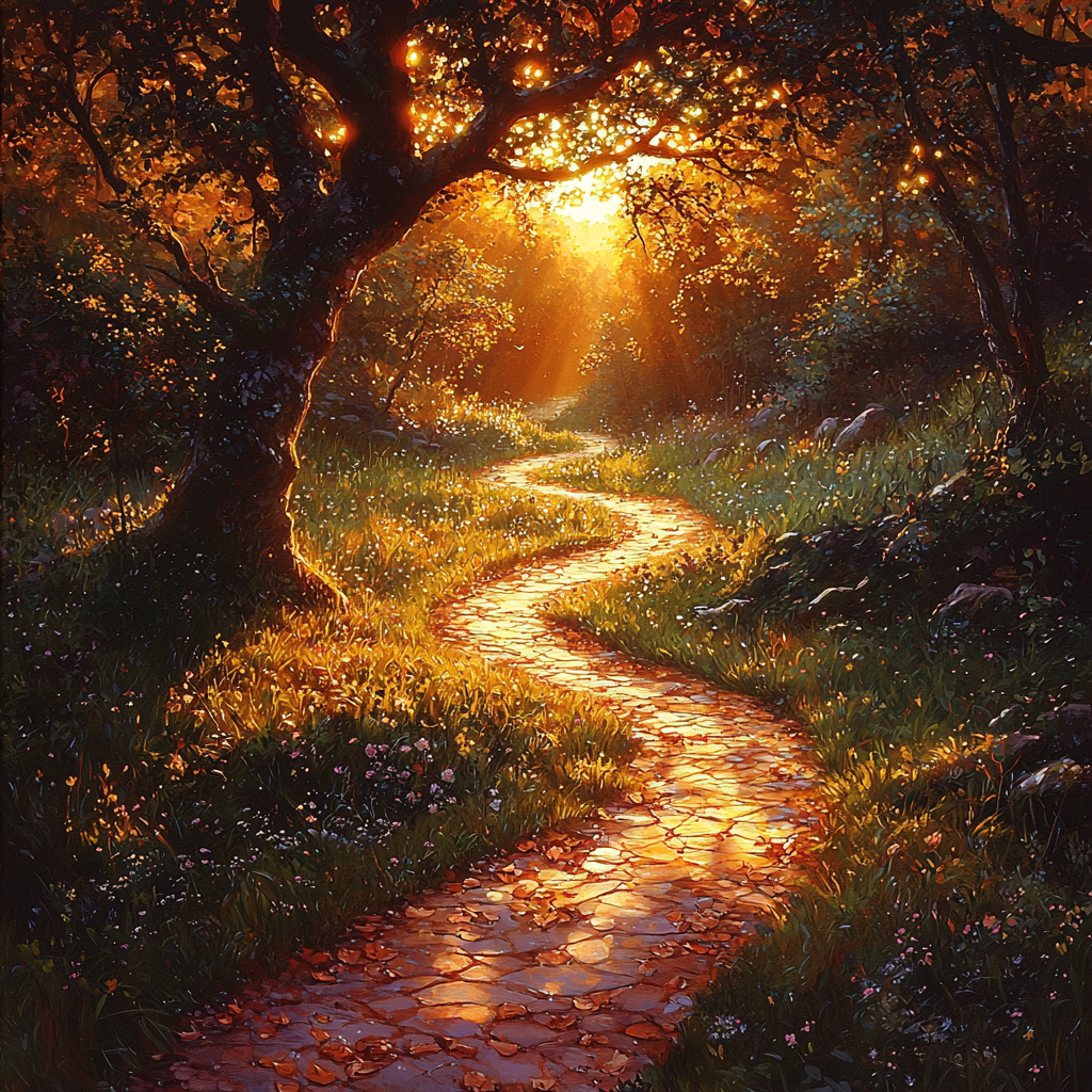 Red walks home on peaceful sunlit forest path.