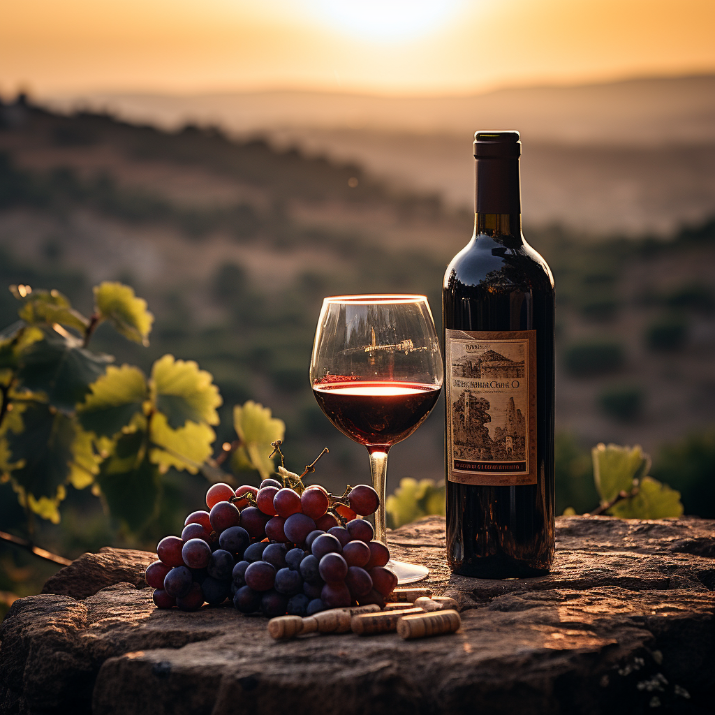 A cinematic image of wine bottle and glass with grape plantations