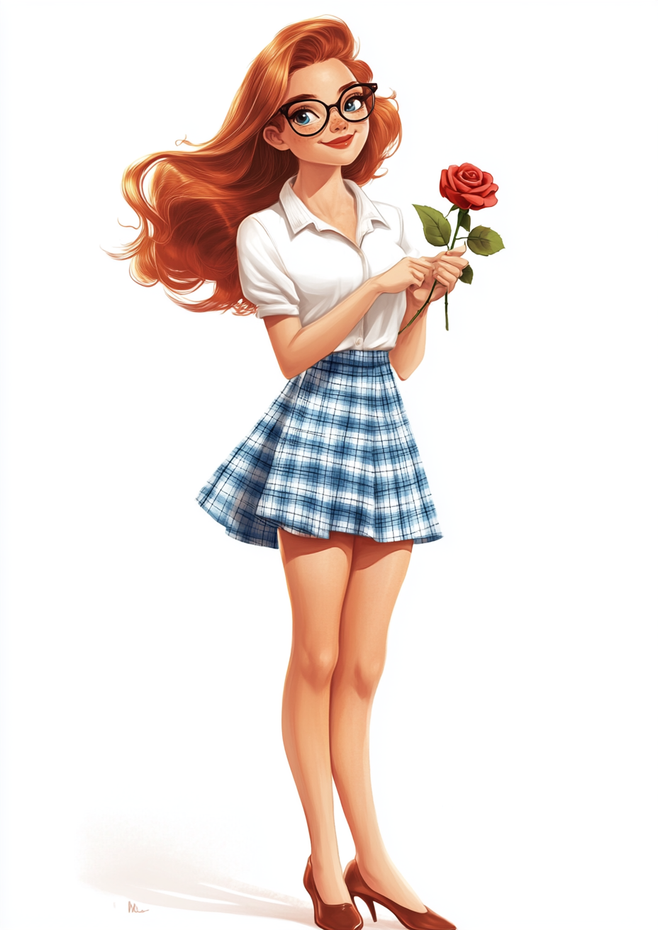 Redhead Girl with Glasses Holding Rose