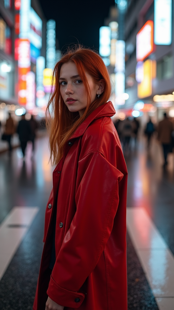 Redhead Woman in Red Raincoat at Shibuya Night Crosswalk