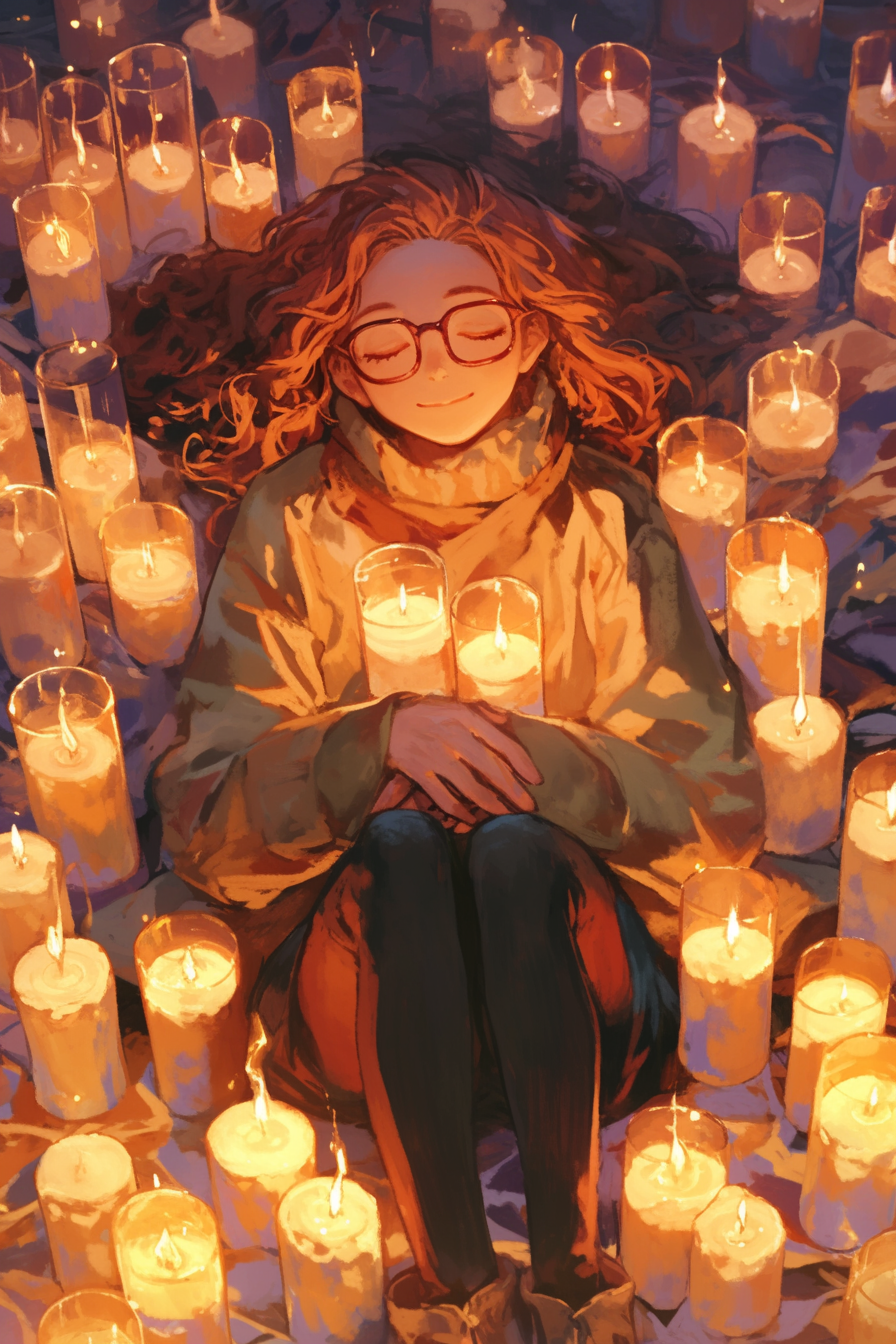 Redhead woman surrounded by candles in Studio Ghibli style.