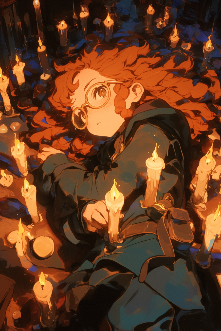 Redhead woman surrounded by melting candles in Ghibli style.