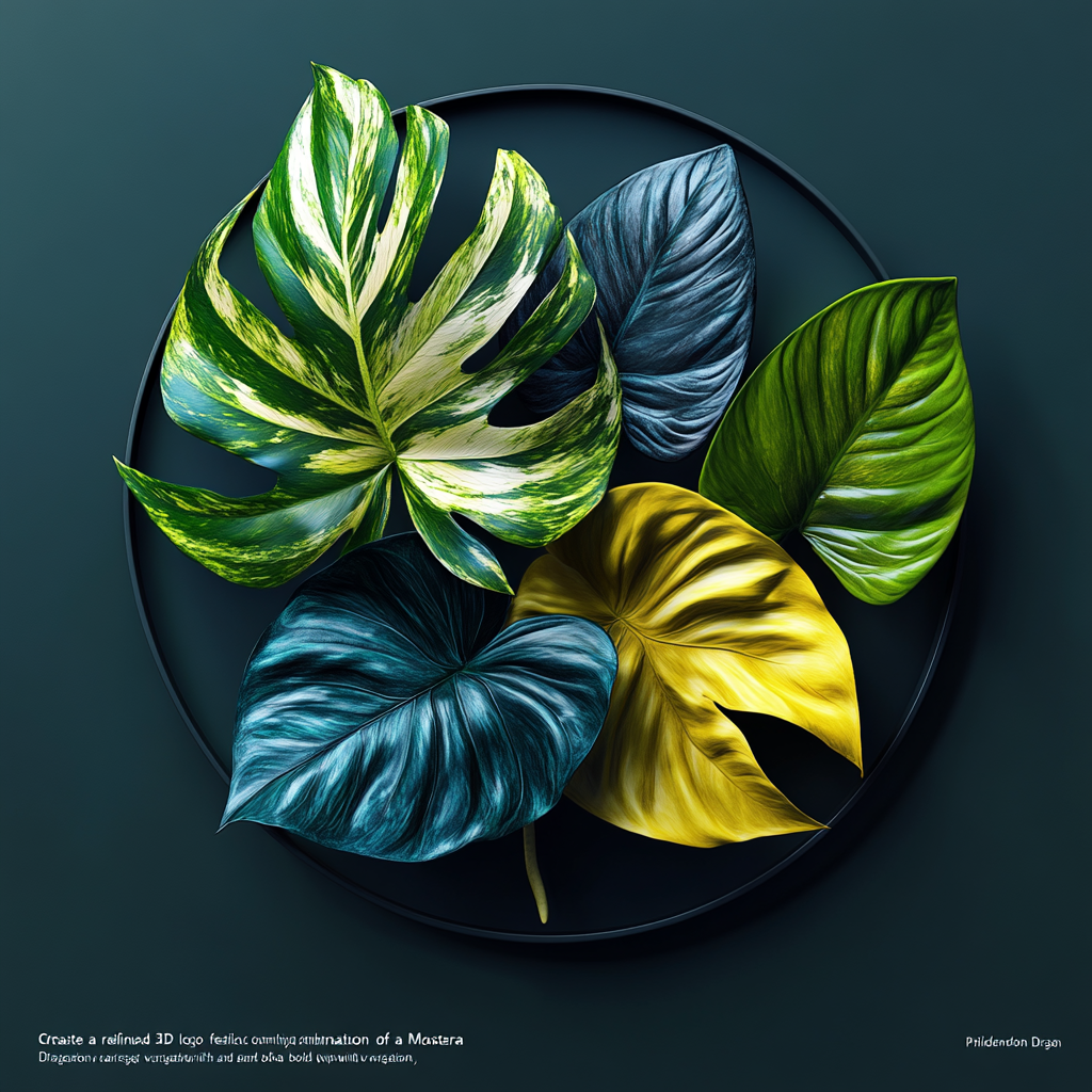 Refined 3D logo with Monstera, Philodendron, Anthurium leaves, faceless.