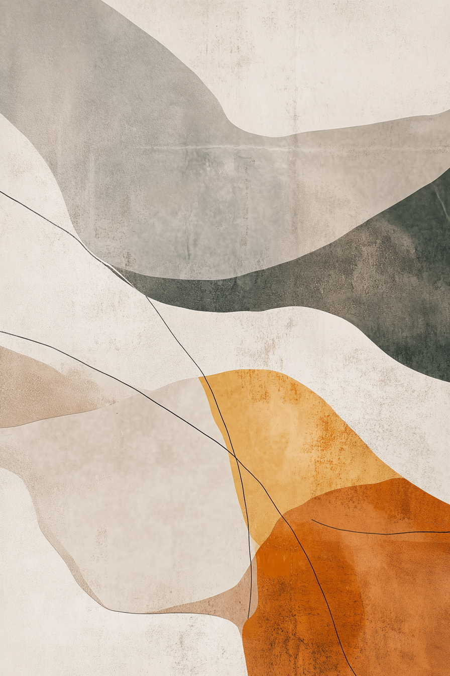 Refined abstract painting in beige, greys, terracotta tones.