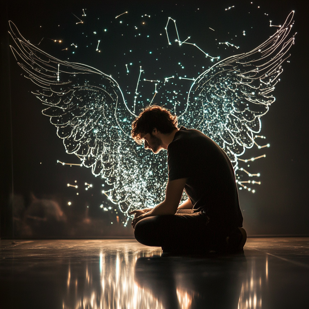 Reflection of stars and constellations with man kneeling. Angel wings.