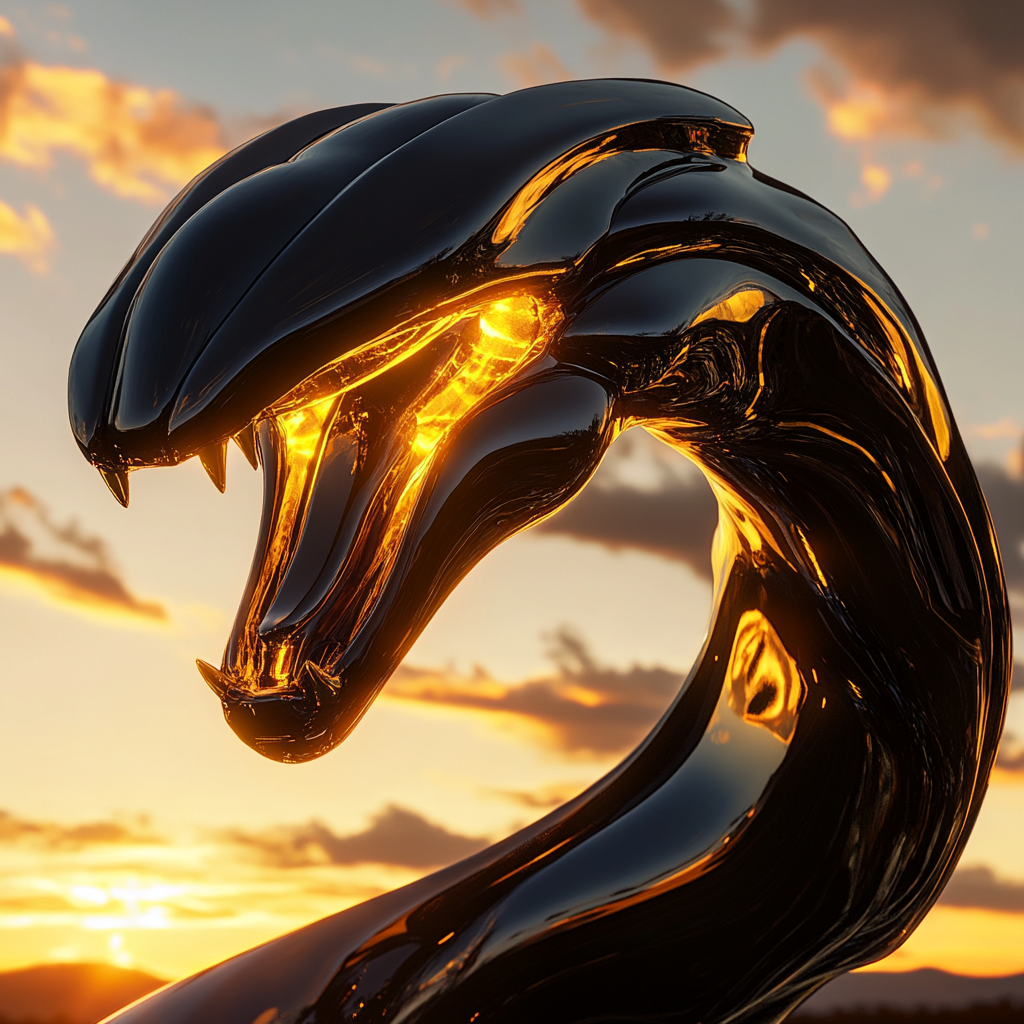 Reflective Rayquaza glowing golden in dramatic sunset scene.