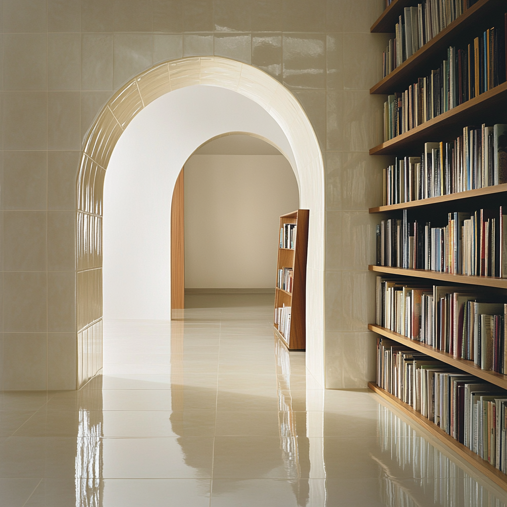 Reflective ceramic-tiled archway contrasts with warm wood bookshelf.